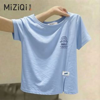 [MIZIQI] Áo thun ngắn tay Cotton nguyên chất nguyên chất dành cho nữ, mùa hè không đều xẻ dáng ôm hơn