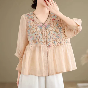 Thêu Giữa Tay Áo Sơ Mi Vải Lanh Cotton Nữ Retro Nghệ Thuật Lỏng Lẻo Ôm Hơn Nhìn Cổ Chữ V Mỏng Cardigan Top 5.26