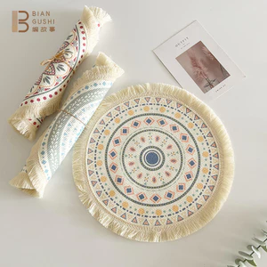 Bohemian Cotton Ren Placemat Vải Bắc Âu Dệt Tròn Thảm Nhà Bếp Cách Nhiệt Chống bỏng Thảm Tua Rua Bàn Coaster OGCP