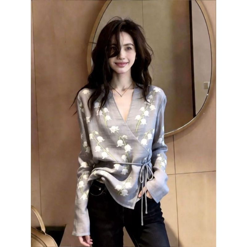 [Giảm giá trong thời gian có hạn] Áo sơ mi dài tay có dây đeo cổ chữ V phong cách Hàn Quốc