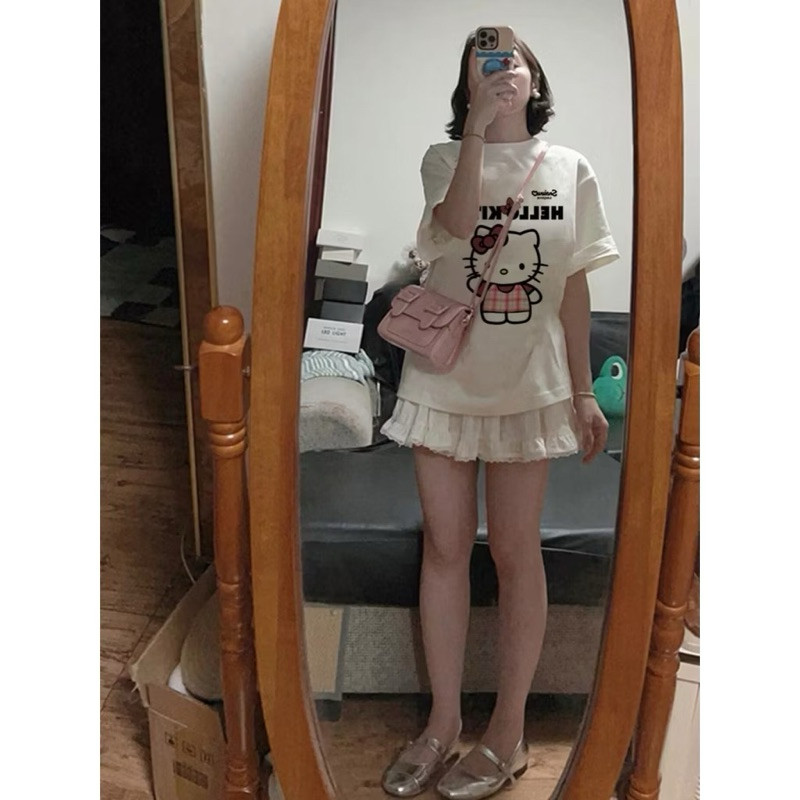 （Giao hàng 24h）Angela Áo Thun HELLO KITTY VER2 Chất Liệu Cotton 100% 2 Chiều, Cao Cấp, Co Giãn, Form Rộng Tay Lỡ