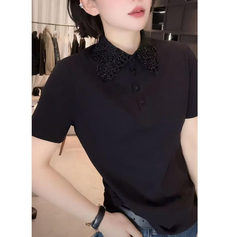 Áo thun ngắn tay áo polo nữ mùa hè thời trang mới cổ rỗng thông thường dành cho nữ