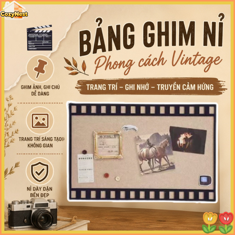 Bảng nỉ hình cuộn phim cổ điển-Dùng ghim ảnh, thiệp, note. Dày dặn, treo đơn hoặc ghép tường retro.