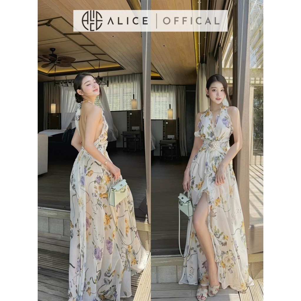 Váy Yếm Hoa Nhí Dáng Dài Cao Cấp Alice, Đầm Maxi Cổ Yếm Phối Bèo Đính Hoa Sang Chảnh Phong Cách Tiểu Thư T498