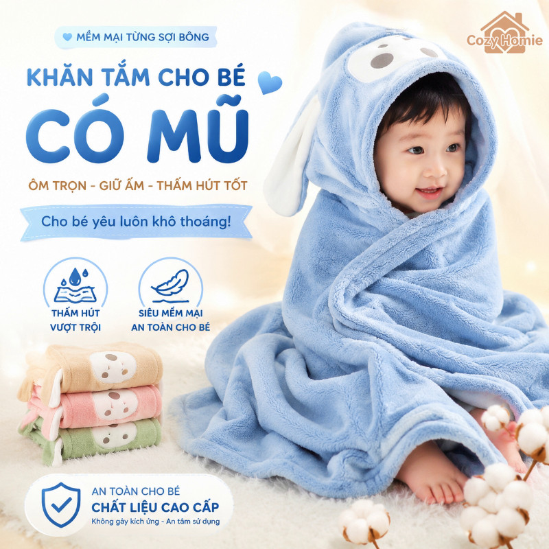 Khăn choàng tắm trẻ có mũ nhung san hô mềm mại thân thiện da lau khô nhanh dễ mặc tháo thoáng khí