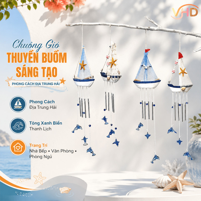 Chuông Gió Thuyền Buồm Sáng Tạo – Phong Cách Địa Trung Hải, Màu Xanh Biển – Treo Trang Trí Nhà Bếp, Văn Phòng, Phòng Ngủ