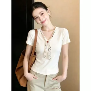 Khăn lụa trắng Hàn Quốc Cổ chữ V Áo thun ngắn tay chính hãng dành cho nữ, Mùa hè Phong cách mới Siêu Hot Giảm tuổi Phong cách phương Tây