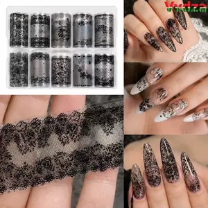 VVDZA Móng Tay Lá, Thiết Kế Ren Đen Trắng Dán Móng Tay, Họa Tiết Hoa Tulip Thời Trang Hiệu Ứng Sequin Móng Tay Nghệ Thuật Dán Móng Tay DIY