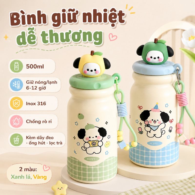 Bình Giữ Nhiệt 500ml Cún Trái Cây,Inox 316,Có Ống Hút Lọc Trà,Dây Đeo,Chống Rò Rỉ