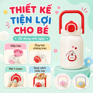 Bình giữ nhiệt bé inox 316 – 480ml, ống hút chống tràn – Nắp kép mở 1 chạm, quai xách – Giữ nóng/lạnh–Bé đi học, đi chơi