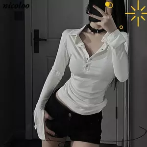 Áo thun NICOLOO Bodycon, Áo thun dài tay vừa vặn thư giãn màu trơn, Thiết kế tối giản thời trang Phong cách cắt cổ áo thun nữ Trang phục thường ngày