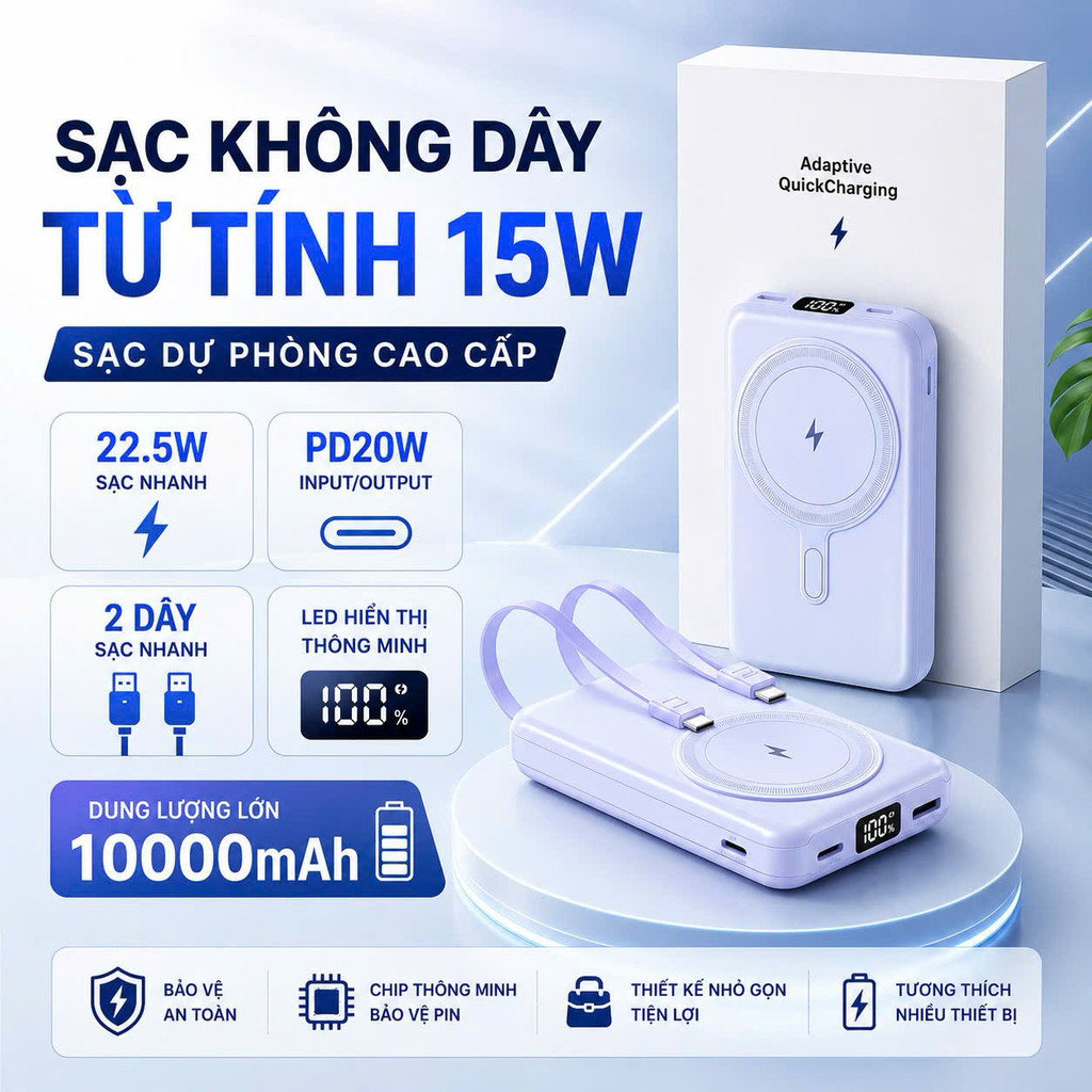 Sạc Dự Phòng Không Dây 10000mAh Tích Hợp 2 Dây Sạc Nhanh Nam Châm Hít Chắc Tiện Lợi Cho Táo/Android
