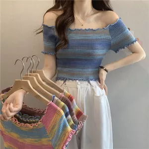 Nấm Edge Tương Phản Màu Sắc Sọc Áo Len Nữ Phong Cách Mới Slim-fit Ôm Hơn Nhìn Một Vai Tay Ngắn Top