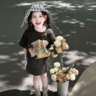 Bộ đồ mùa hè cho bé gái – Áo thun in gấu + Quần váy túi hộp, phong cách dễ thương