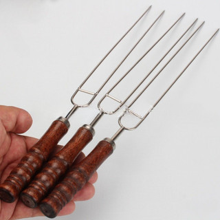 Nĩa xiên thịt nướng thép không gỉ hình chữ U tay cầm gỗ, dùng cho cánh gà/chân cừu/BBQ