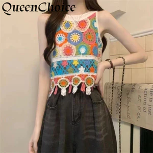 Phụ Nữ Phong Cách Boho Knnited Tank Nữ Casual Không Tay Top Nhiều Màu Sắc Ngày Lễ Mặc Áo Sơ Mi