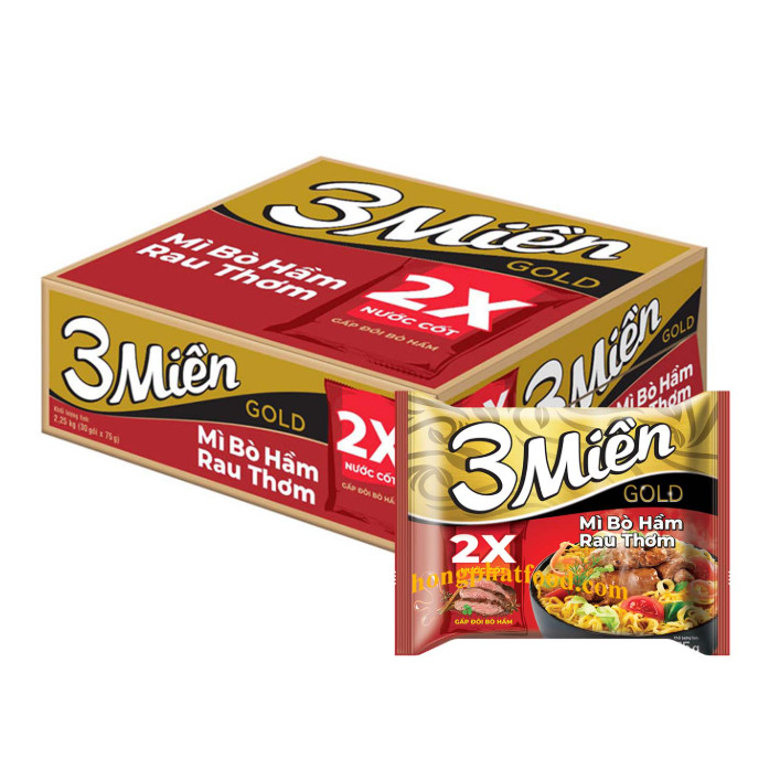 Thùng 30 gói - Mì 3 Miền Gold BÒ HẦM RAU THƠM (2X Nước cốt) 75g