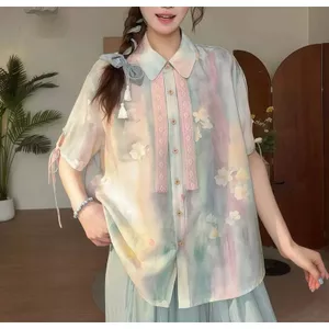 Phong cách Hàn Quốc Phong cách nhẹ nhàng Màu nước Smudge Ve áo sơ mi ngắn tay mùa hè Slimer Look All-Match Lazy Loose Niche Top
