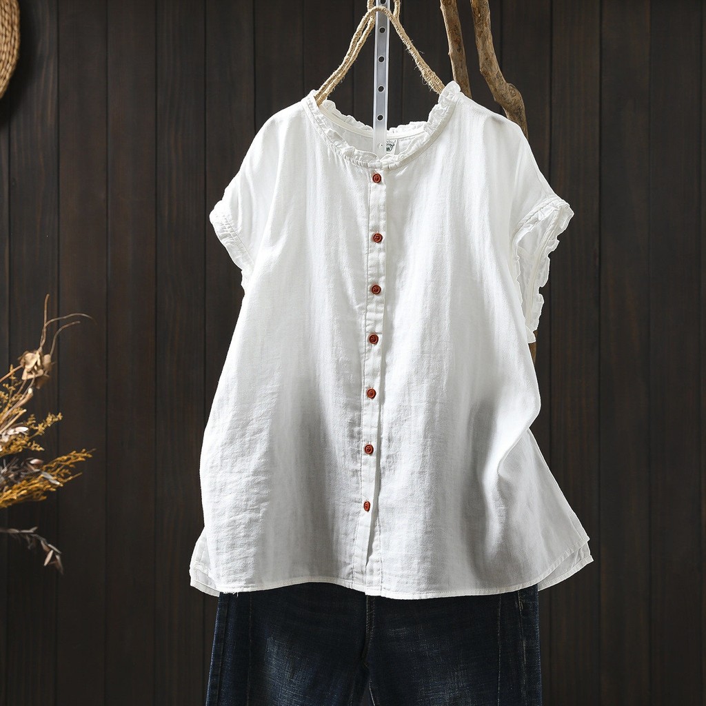 [Sẵn sàng] Áo sơ mi nữ chất liệu cotton cao cấp, dáng rộng tay ngắn, mùa hè, thiết kế bay nhỏ trẻ trung