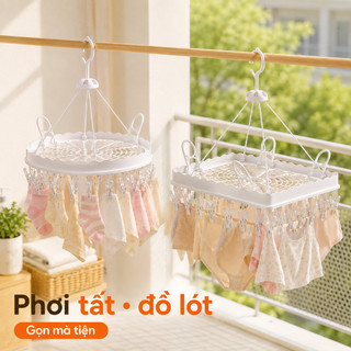 Móc phơi đồ 26 kẹp nhựa PP dày, khóa chống gió xoay 360°, dùng cho tất/đồ lót/khăn/quần áo nhỏ