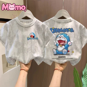 Áo cổ tròn ngắn tay in họa tiết hoạt hình Doremon dành cho bé trai và bé gái