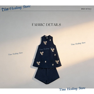 Bộ đồ phong cách Trung Quốc mới mùa xuân, gồm áo gile không tay bằng vải denim thêu và quần short