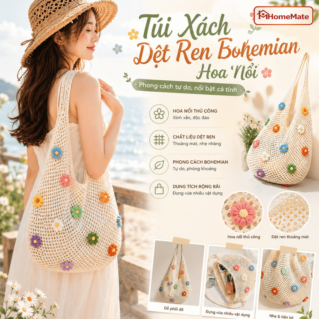 Túi Tote Đi Biển HomeMate Dệt Ren Hoa Nổi Bohemian, Túi Xách Nữ Dung Tích Lớn Phong Cách Vintage Hàn Quốc