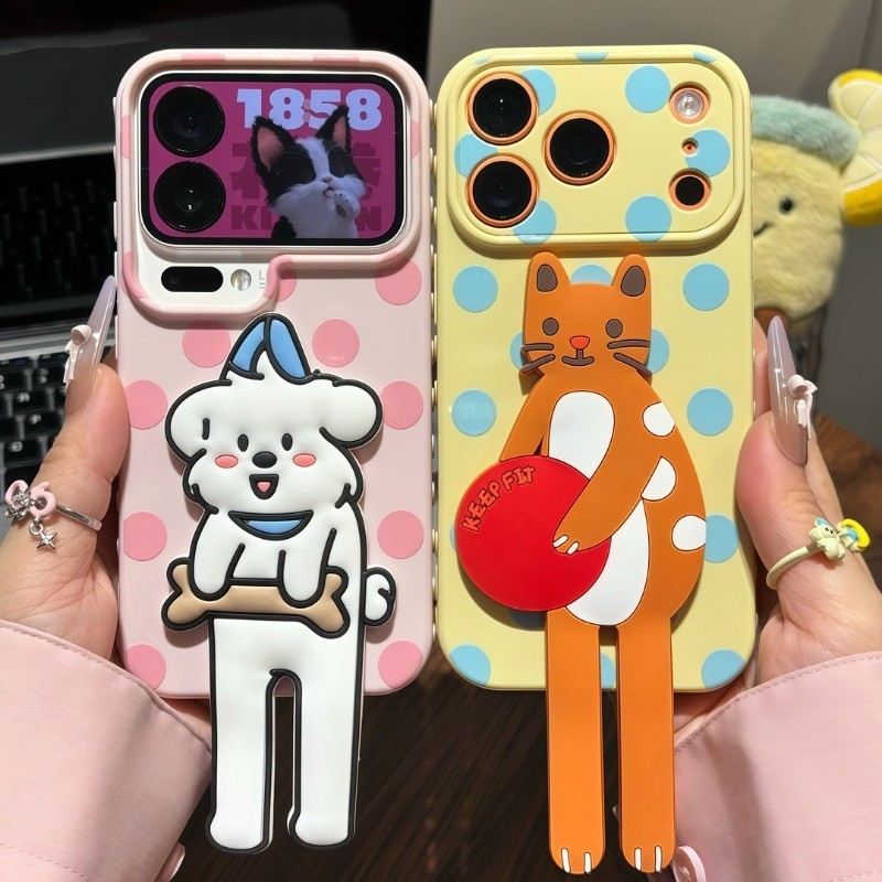 Ốp lưng iPhone hình mèo và cún chấm bi dễ thương kèm giá đỡ điện thoại iP - 11/12/13/14/15/16/17/Plus/Air/Pro/Max