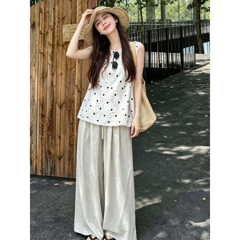 [Giảm giá 50%] Áo Vest không tay chấm bi phong cách Hàn Quốc Quần ống rộng Bộ đồ cỡ lớn Quần dáng rộng