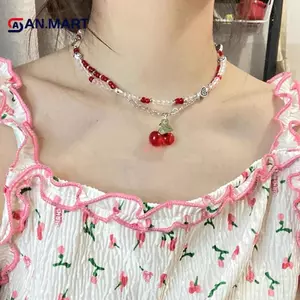 AN.MART Y2K Đỏ Anh Đào Trái Tim Đính Hạt Choker Nelace Nữ Boho Hạt Anh Đào Mặt Dây Chuyền Nelace Vintage Không Đều Nelace Trang Sức VN