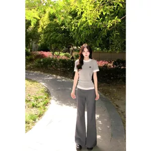 Hot Girl Hai mảnh ngắn tay khâu mùa hè Màu sắc tương phản Phong cách Mỹ Áo thun cổ điển Slim-Fit Phong cách mới Slimer Look All