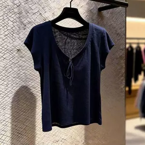 Áo thun ngắn tay cổ chữ V màu xanh hải quân mùa hè 2026 Plus Size Fat MM Slim-