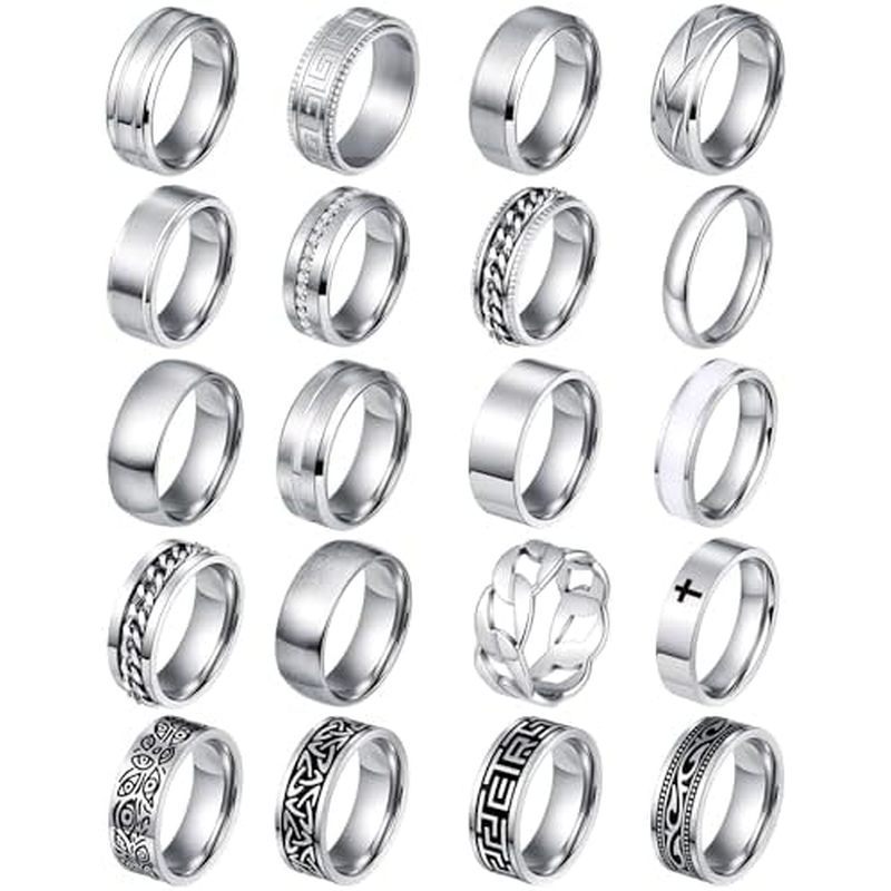 FIRAZIO 20 Chiếc Nhẫn Bạc Cho Nam Nhẫn Inox Fidget Vintage Signet Bộ Nhẫn Hứa Đính Hôn Cưới Quà Tặng Trang Sức 7-13