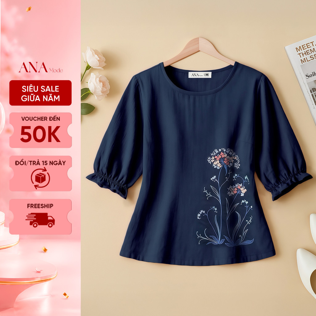 Áo Kiểu Thêu Hoa Trung Niên ANA Mode Chất Liệu Tơ Xước Cao Cấp Đi Chơi Quà Tặng Mẹ AK25CBC11