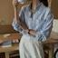 Áo sơ mi voan sọc dài tay thời trang dành cho nữ Áo sơ mi nữ dáng rộng cổ làm việc hàng đầu