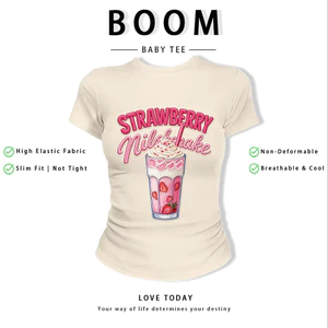 BOOM Áo Baby Tee Nữ Cotton Ôm Body-Áo Thun Ngắn Tay Y2K In Hình PhongCách Mùa Hè, Cổ Tròn Hàng Đầucách hàn quốc phong099