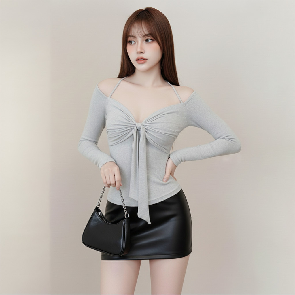 Áo Thun Nữ Trễ Vai Tay Dài Kiểu Xoắn Ngực  Phối Dây Choàng Cổ A51560