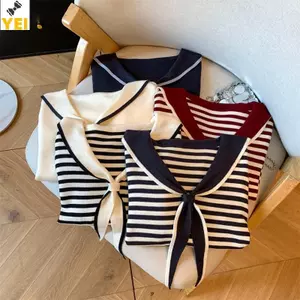 < YEI > Áo thun dài tay sọc phong cách Preppy dành cho nữ V-ne Áo dệt kim thông thường mới