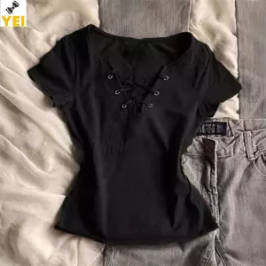< YEI > Áo thun ren chữ V gợi cảm kiểu Mỹ thời trang nữ Y2K Áo thun mỏng tay ngắn mới