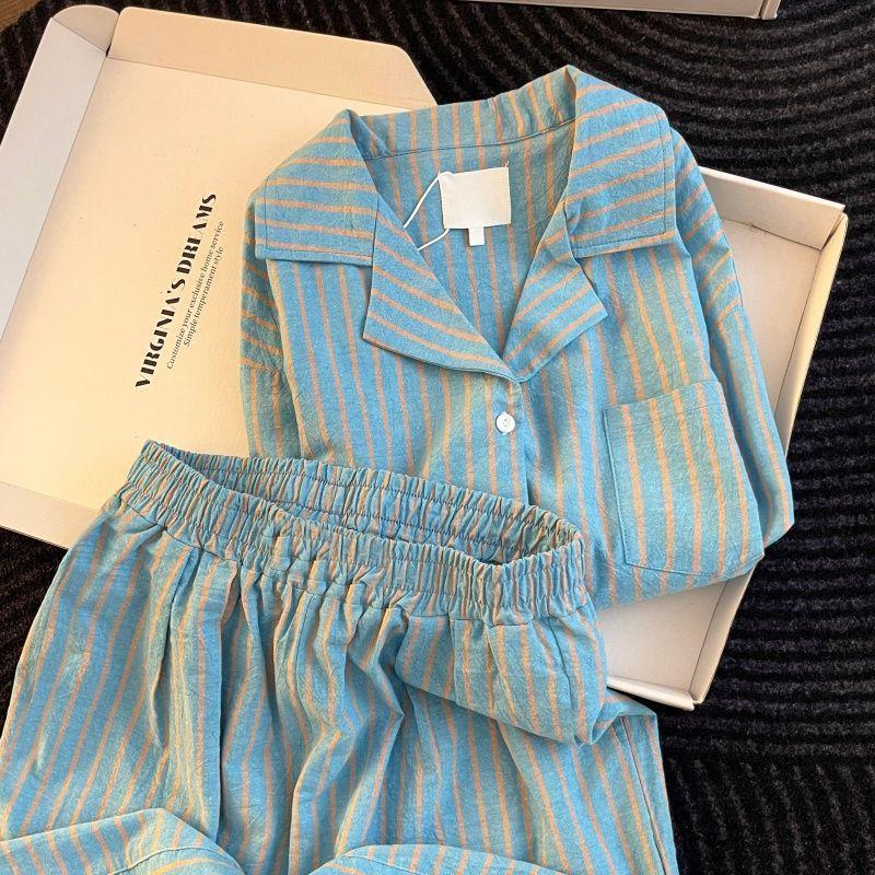 [Hàng mới về] Bộ đồ ngủ Cardigan sọc phong cách thông thường, Cotton đám mây nữ có thể mặc bên ngoài mùa hè Quần Short ngắn tay đơn giản thoải mái