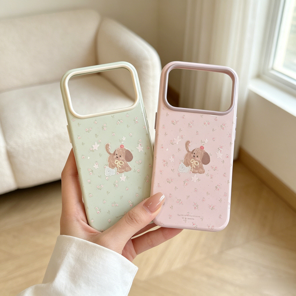 Ốp lưng iPhone họa tiết chú chó con hoa phù hợp cho iPhone 17 Pro Max, 16, 15, 14, iPhone 13 làm vỏ bảo vệ chống rơi. OIBK