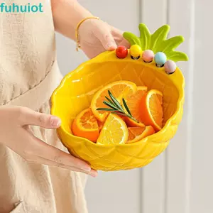 Đĩa phục vụ trái cây FUHUIOT, Bát tráng miệng Salad kiểu kem có thể tái sử dụng, Đĩa ăn nhẹ kẹo gốm dễ thương với 5 nĩa trái cây sáng tạo Đĩa trái cây bằng gốm trang trí máy tính để bàn