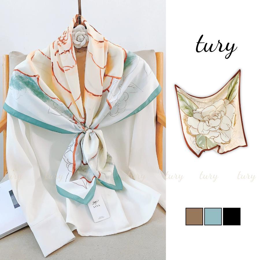 Khăn Lụa Nữ - Tury - Khăn Lụa Chiffon Nữ 90x90cm Phối Hoa Lớn Và Lá - K9101