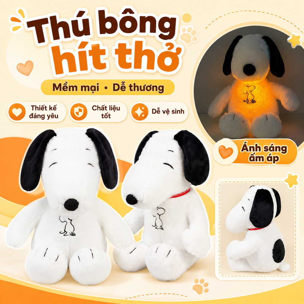 【SKISOPGO】Snoopy Thở Ánh Sáng Phát Sáng Lông Bông Đồ Chơi,Gấu Bông Cún Mềm Mại Dễ Thương,Đồ Chơi Ôm Ngủ Quà Tặng Cho Bé