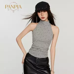 PNPIA- Mùa Hè Mỹ Retro Chấm Bi Nửa Rùa Không Tay Ôm Áo Cho Nữ