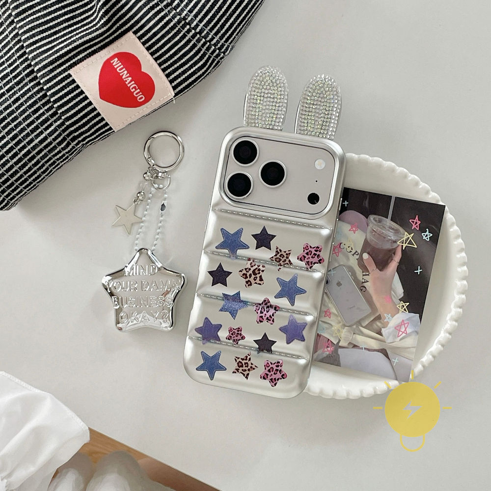 Phone Case For iPhone 17 Pro Max 16 15 TPU Cartoon Keychain Ear Star Pearl 3D Down Coat Style Aesthetic Korean Cute