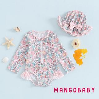 MG-Baby Girl Rash Guard Đồ bơi dài tay in hoa Bộ đồ tắm cho trẻ sơ sinh Đồ bơi có mũ chống nắng nơ