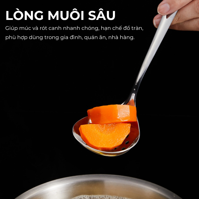 Muôi Múc Canh Inox 304 Nguyên Khối KOOBEE - Thìa Múc Canh, Muôi Lỗ Cán Dài Dày Dặn Đánh Bóng Gương Cao Cấp | 388