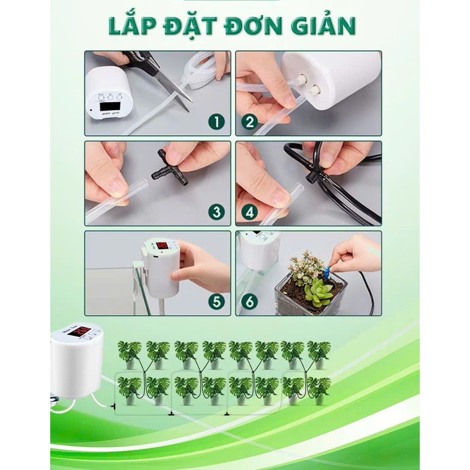 Máy tưới cây tự động hẹn giờ bơm Mini tích điện, bộ tưới nhỏ giọt tự động cho hoa, cây cảnh Ban công, Sân thượng