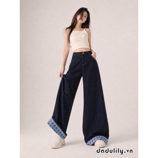 DADULILY Quần Jean Khâu Kẻ Sọc Cổ Điển Uốn Cong Quần Ống Đứng Rộng